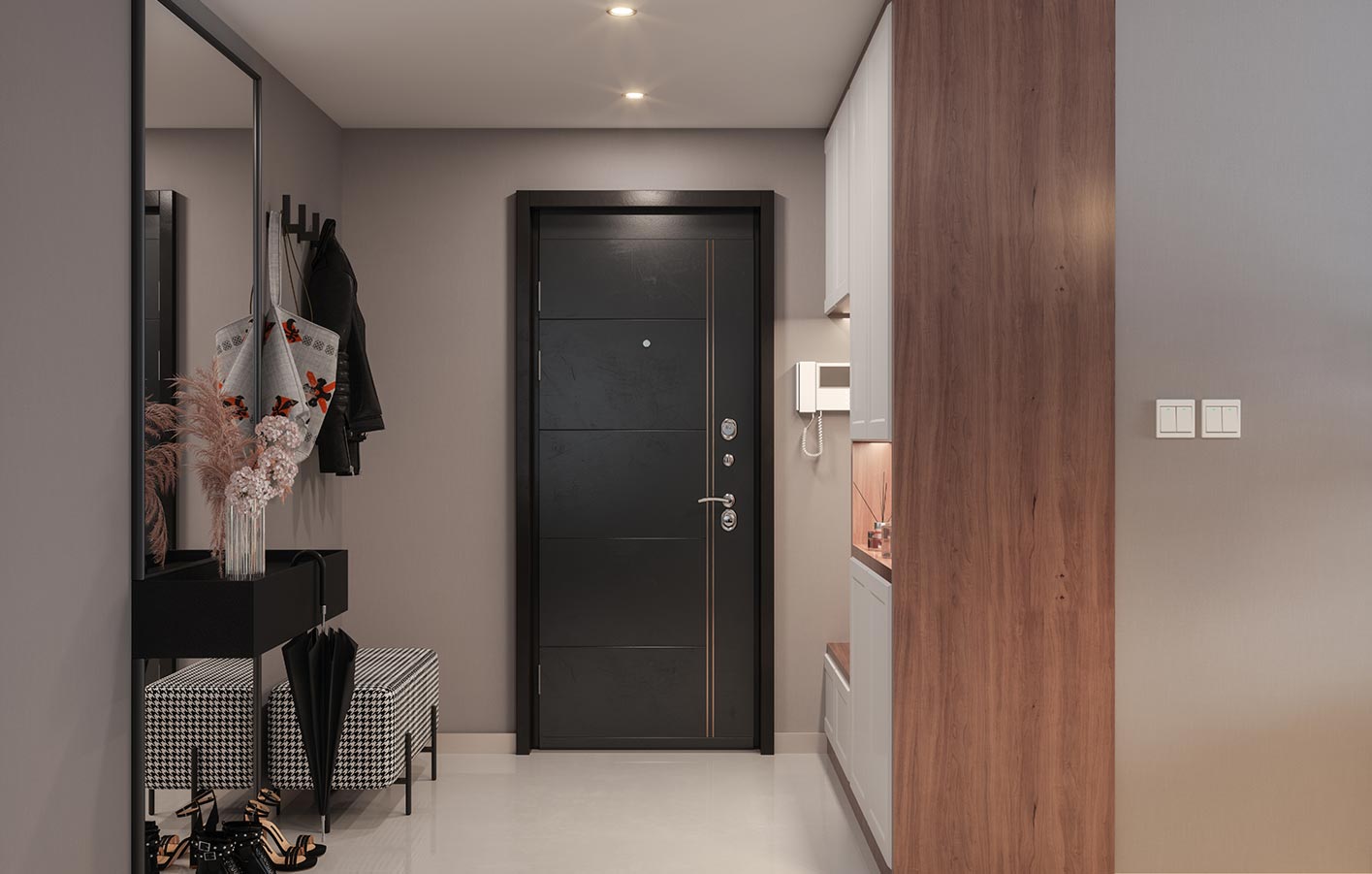 Sicherheit und Stil - Moderne dunkelgraue Wohnungseingangstür Dunkelgraue, sichere Wohnungseingangstür in einem stilvoll eingerichteten Flur.