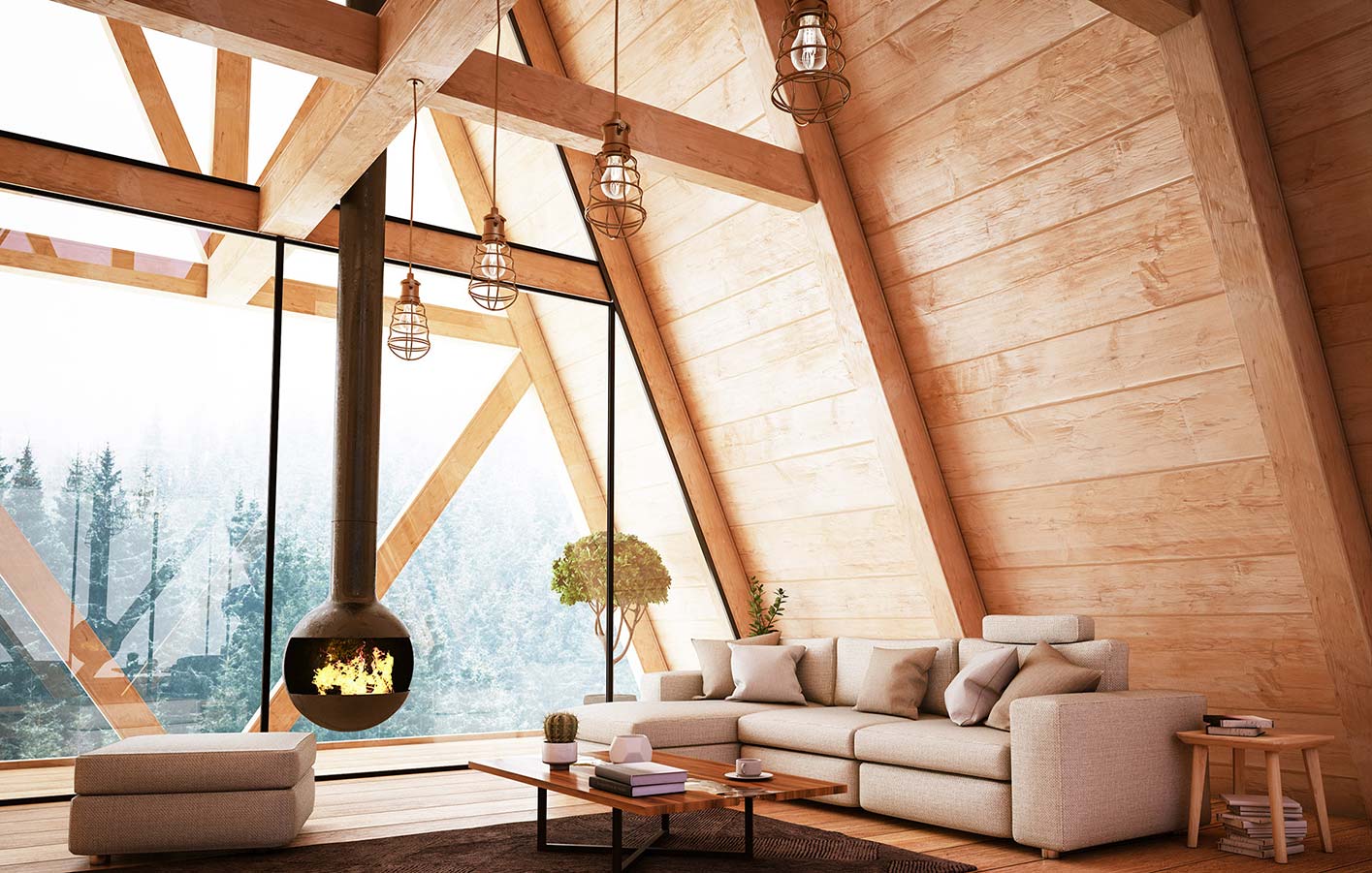 Bauen, Modernisieren und Renovieren mit hochwertigen Bauholz Holzhaus von Innen, Wände und Balken aus Holz